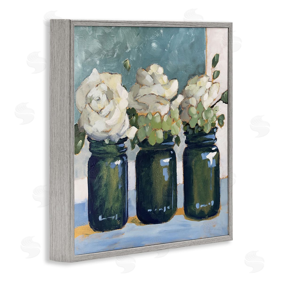 Sue Riger White Roses Country Jars Floral Arrangement Bouquets Gray Framed Glicee Wall Art Print