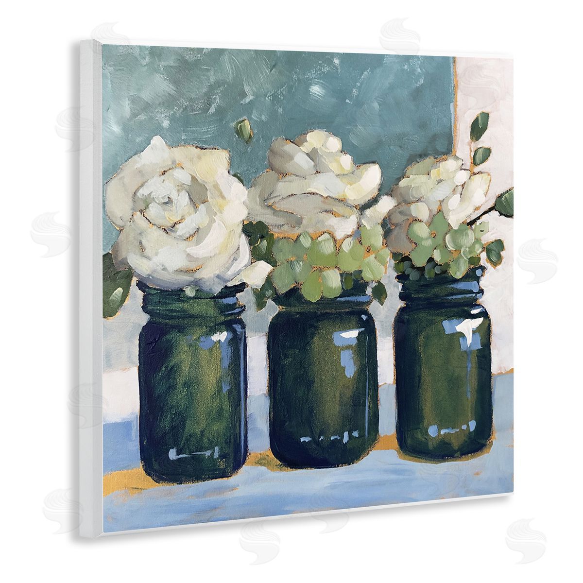 Sue Riger White Roses Country Jars Floral Arrangement Bouquets Wooden Wall Plaque Art Print