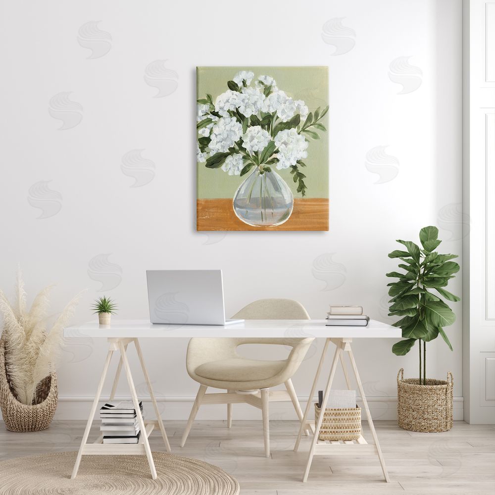 Annie Warren White Hydrangea Flower Bouquet Vase Still Life Canvas Wall Art Print in Room