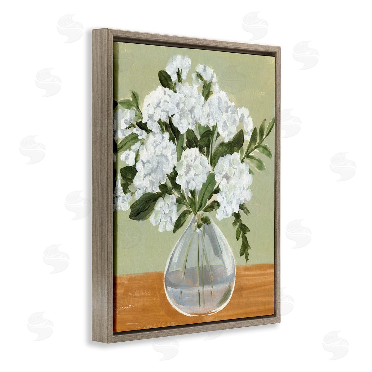 Annie Warren White Hydrangea Flower Bouquet Vase Still Life Brown Floating Frame Canvas Wall Art Print