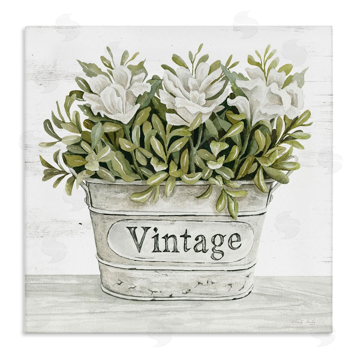 Cindy Jacobs Vintage Flower Planter Rustic Blooms Full Leaves Stretched Canvas Wall Art Print