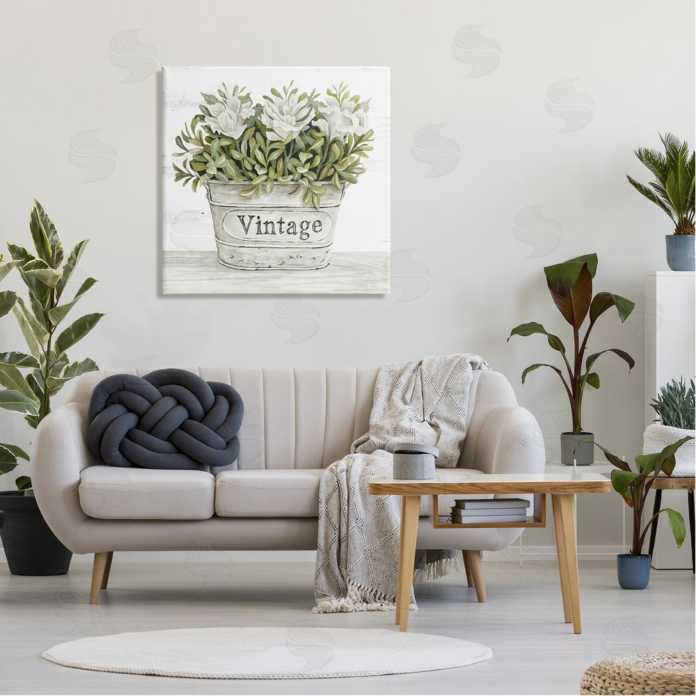Cindy Jacobs Vintage Flower Planter Rustic Blooms Full Leaves Canvas Wall Art in Room