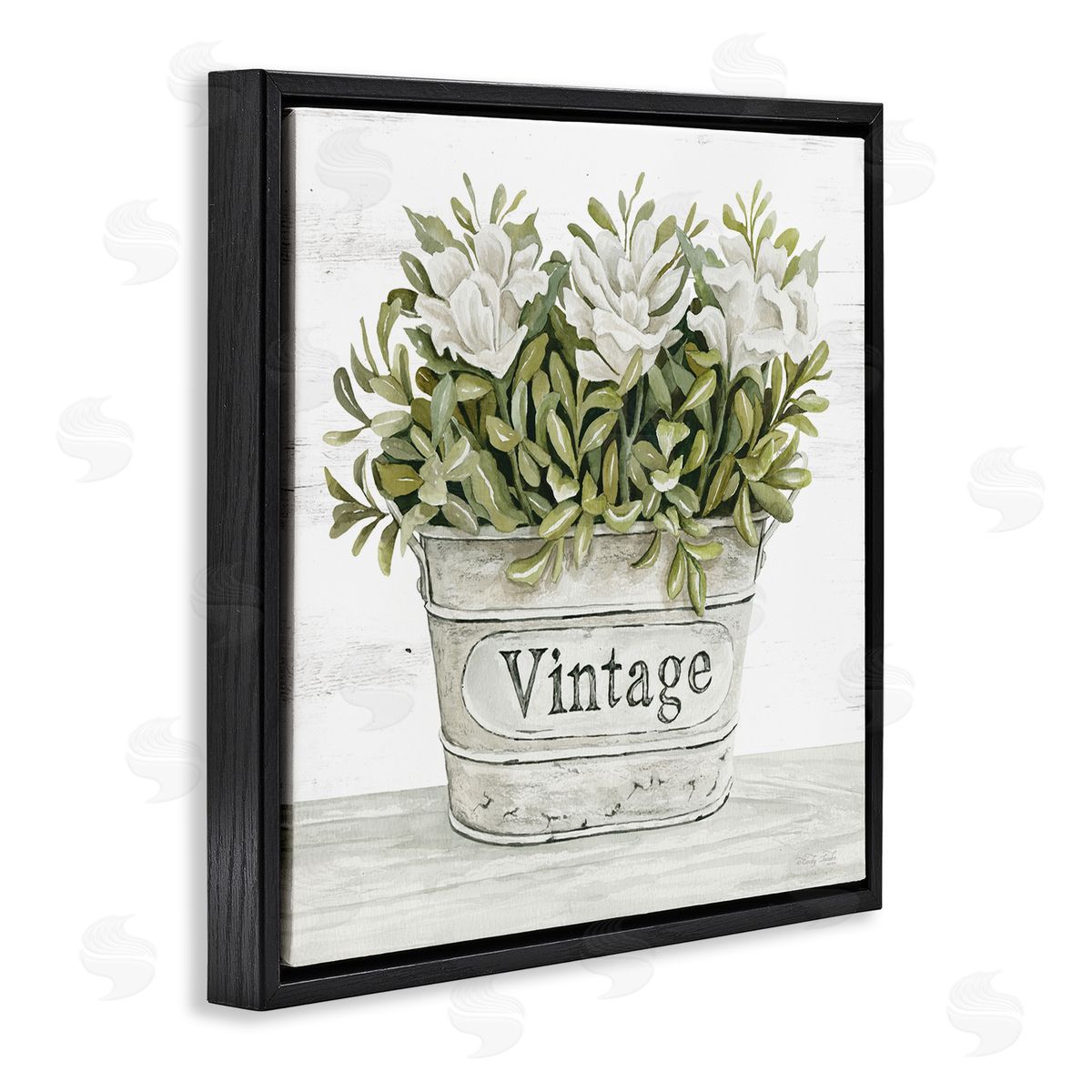 Cindy Jacobs Vintage Flower Planter Rustic Blooms Full Leaves Black Floating Frame Canvas Wall Art Print