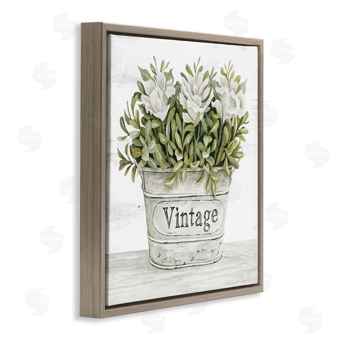 Cindy Jacobs Vintage Flower Planter Rustic Blooms Full Leaves Brown Floating Frame Canvas Wall Art Print