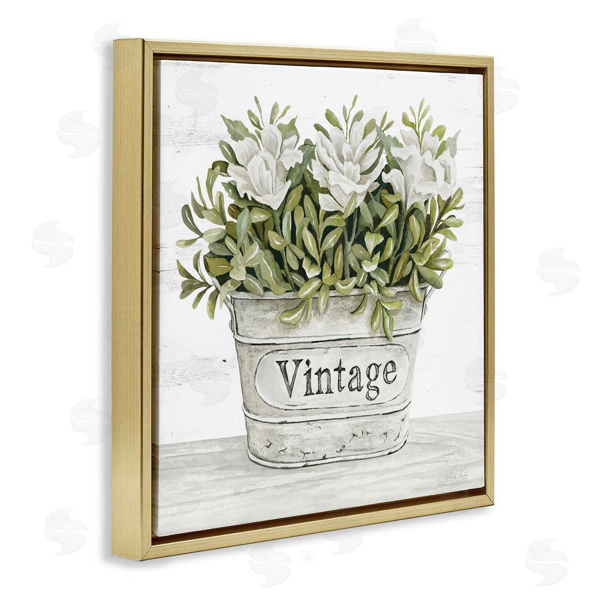 Cindy Jacobs Vintage Flower Planter Rustic Blooms Full Leaves Gold Floating Frame Canvas Wall Art Print