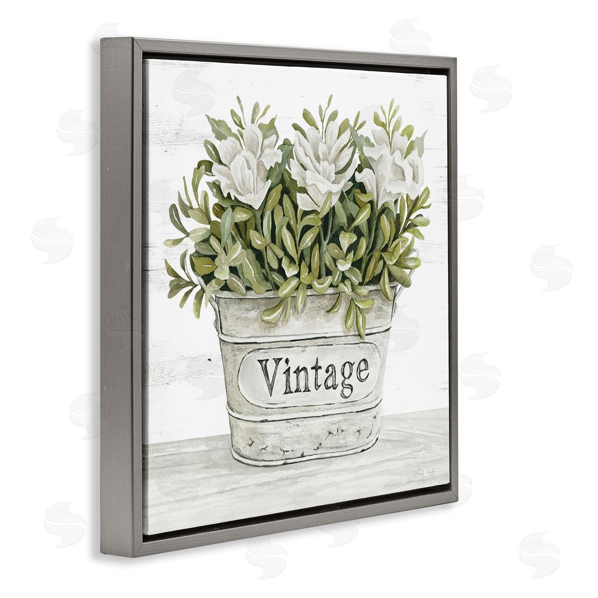 Cindy Jacobs Vintage Flower Planter Rustic Blooms Full Leaves Gray Floating Frame Canvas Wall Art Print
