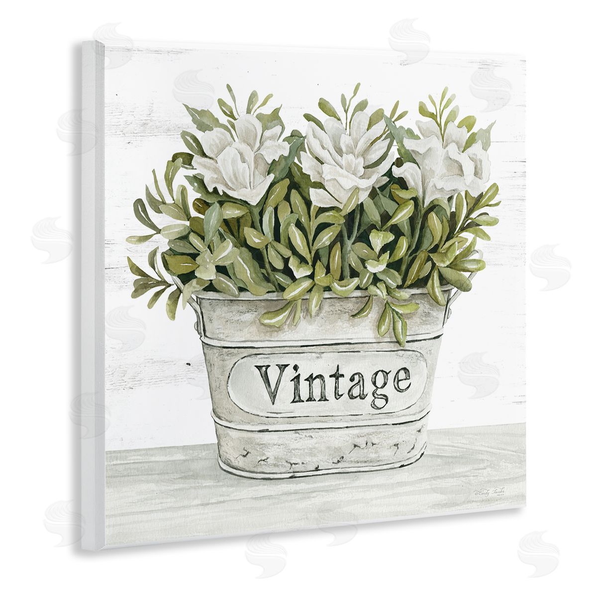 Cindy Jacobs Vintage Flower Planter Rustic Blooms Full Leaves Wooden Wall Plaque Art Print