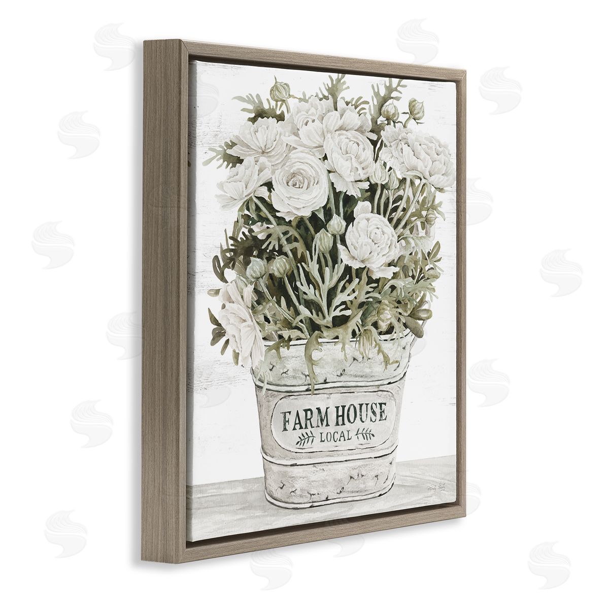 Farmhouse Planter White Rose Blossoms Brown Floating Frame Canvas Wall Art, Home Decor by Cindy Jacobs