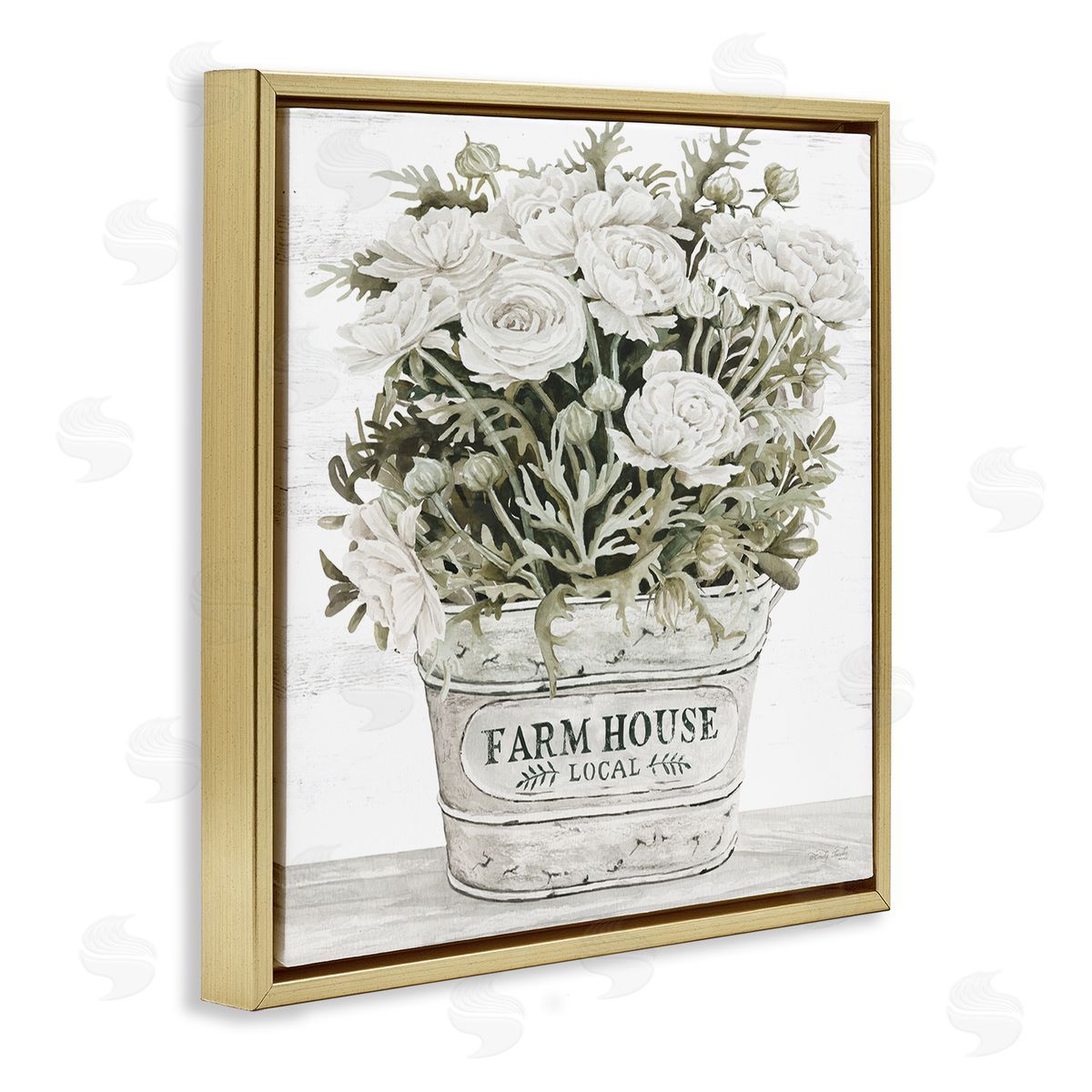 Farmhouse Planter White Rose Blossoms Gold Floating Frame Canvas Wall Art, Home Decor by Cindy Jacobs