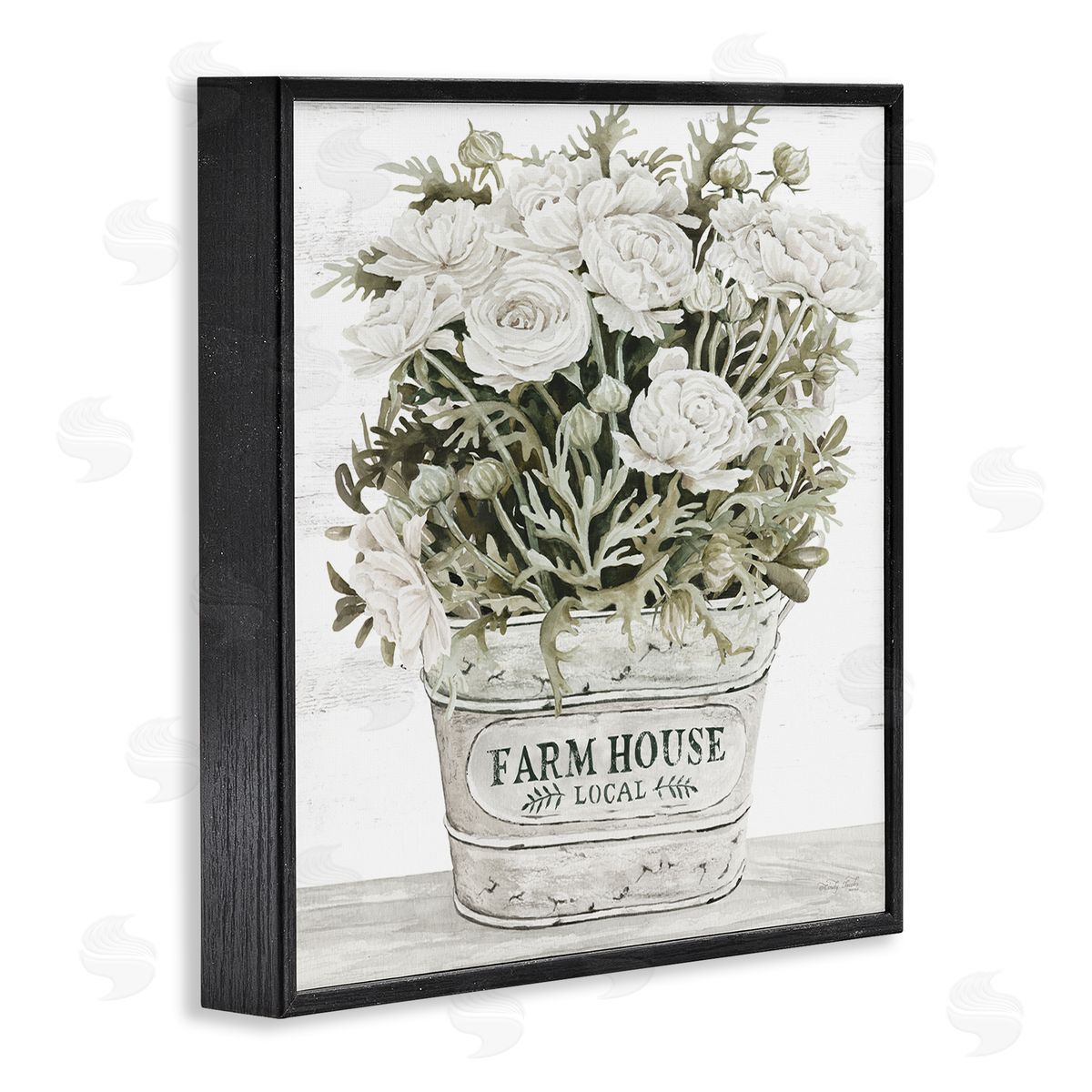 Farmhouse Planter White Rose Blossoms Black Frame Print Wall Art, Home Decor by Cindy Jacobs