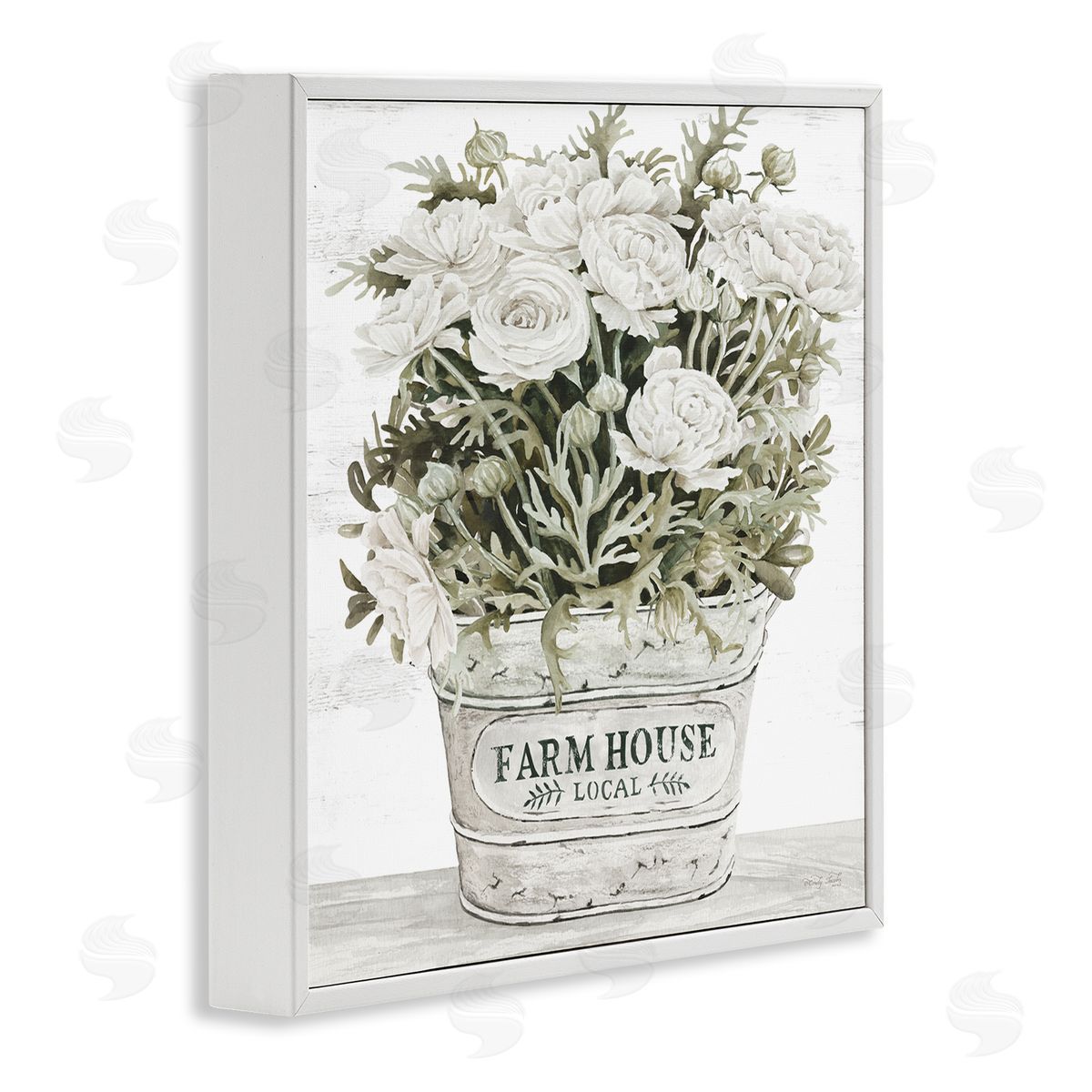 Farmhouse Planter White Rose Blossoms White Frame Print Wall Art, Home Decor by Cindy Jacobs