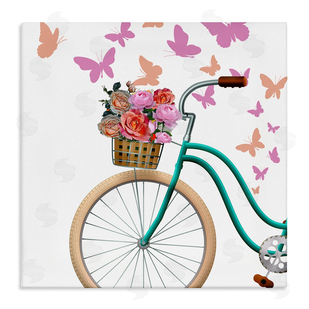 Kim Allen Summer Bicycle Flower Basket Pink Fluttering Butterflies  Stretched Canvas Wall Art Print