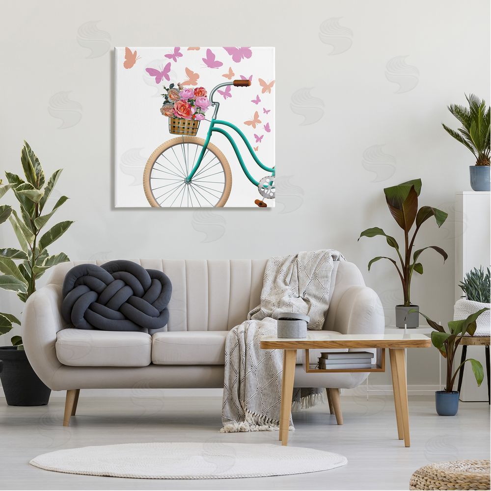 Kim Allen Summer Bicycle Flower Basket Pink Fluttering Butterflies  Canvas Wall Art in Room
