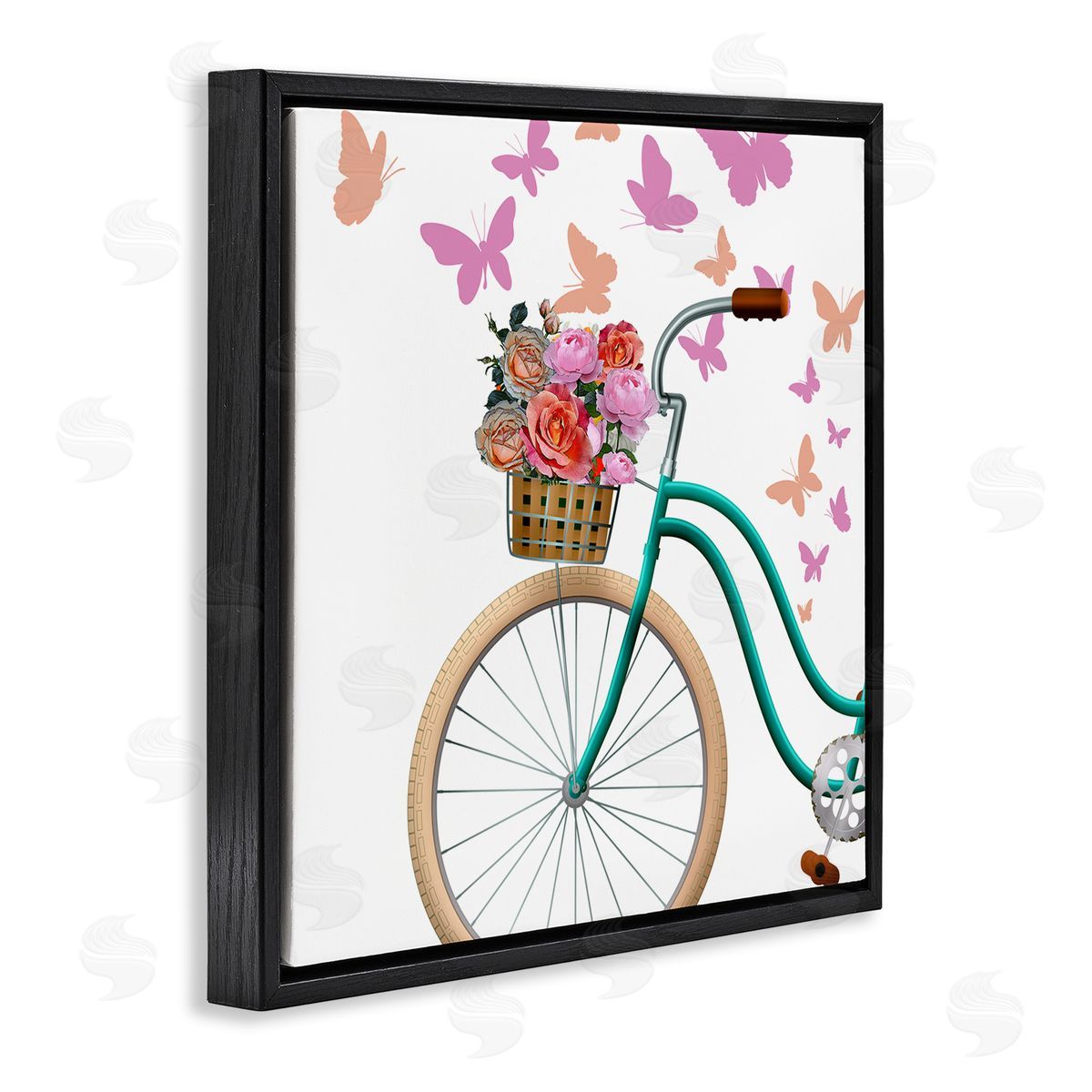 Kim Allen Summer Bicycle Flower Basket Pink Fluttering Butterflies  Black Floating Frame Canvas Wall Art Print