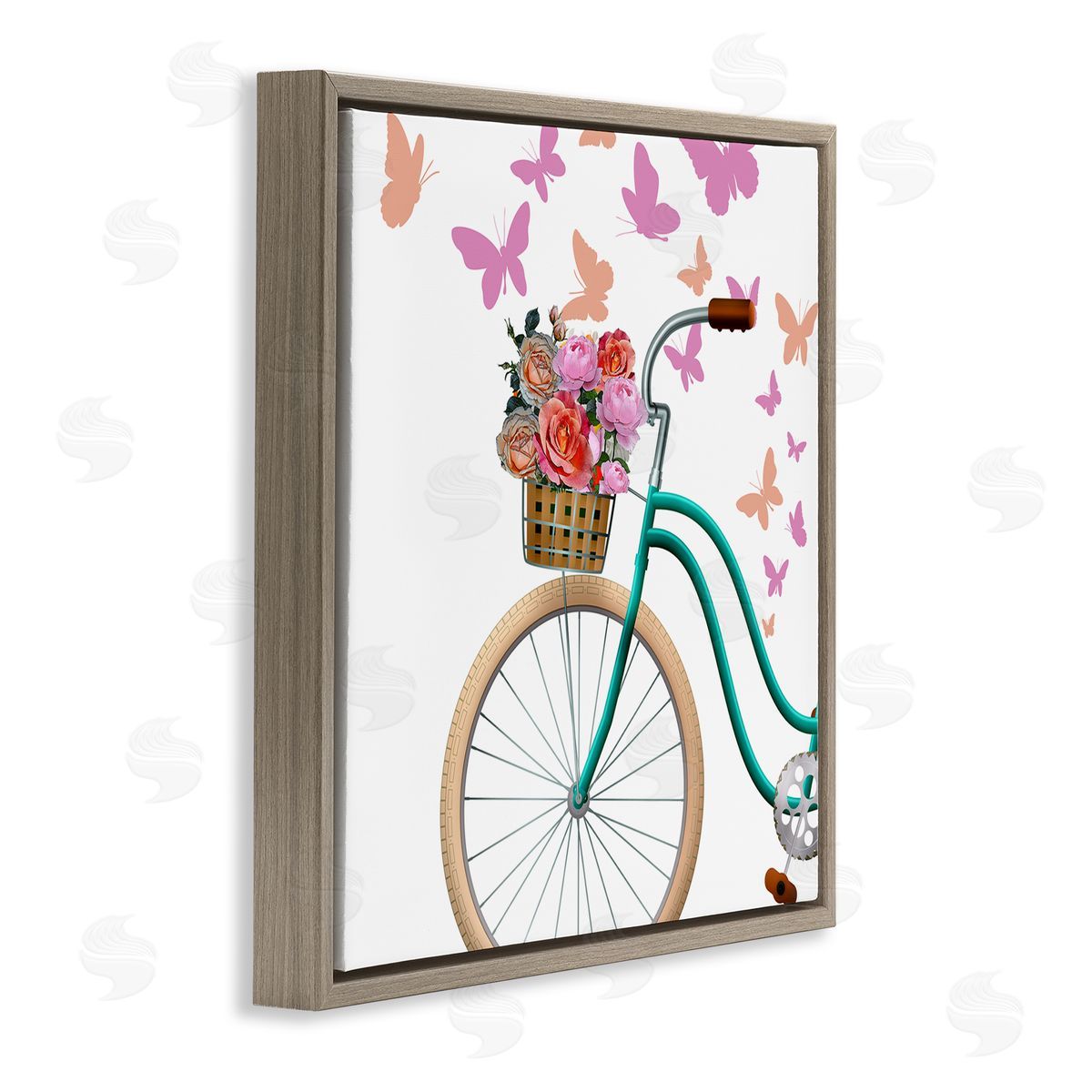 Kim Allen Summer Bicycle Flower Basket Pink Fluttering Butterflies  Brown Floating Frame Canvas Wall Art Print