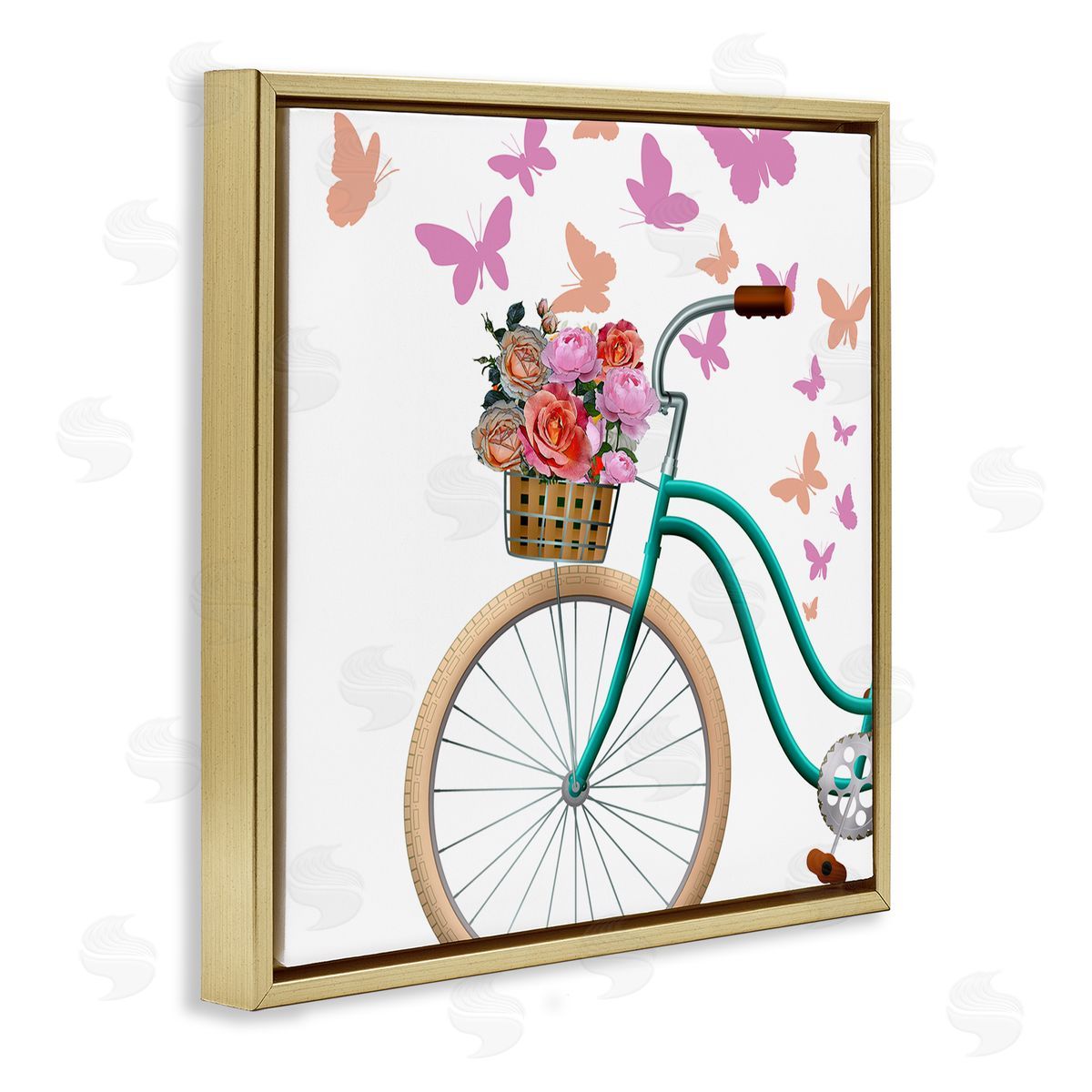 Kim Allen Summer Bicycle Flower Basket Pink Fluttering Butterflies  Gold Floating Frame Canvas Wall Art Print