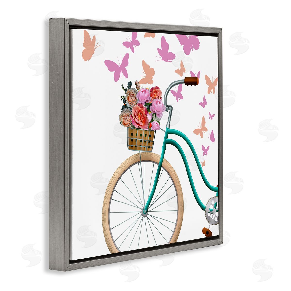 Kim Allen Summer Bicycle Flower Basket Pink Fluttering Butterflies  Gray Floating Frame Canvas Wall Art Print
