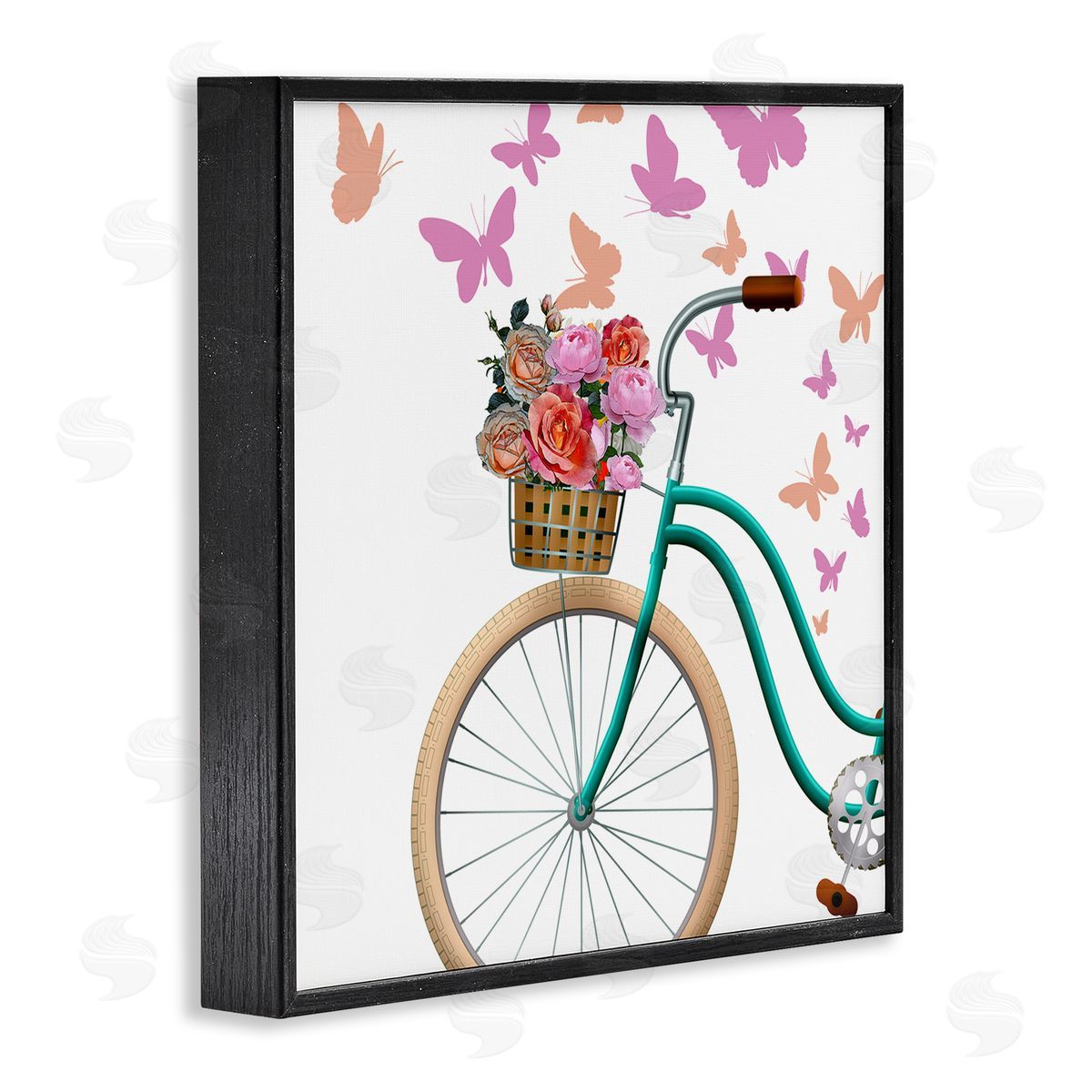 Kim Allen Summer Bicycle Flower Basket Pink Fluttering Butterflies  Black Framed Glicee Wall Art Print