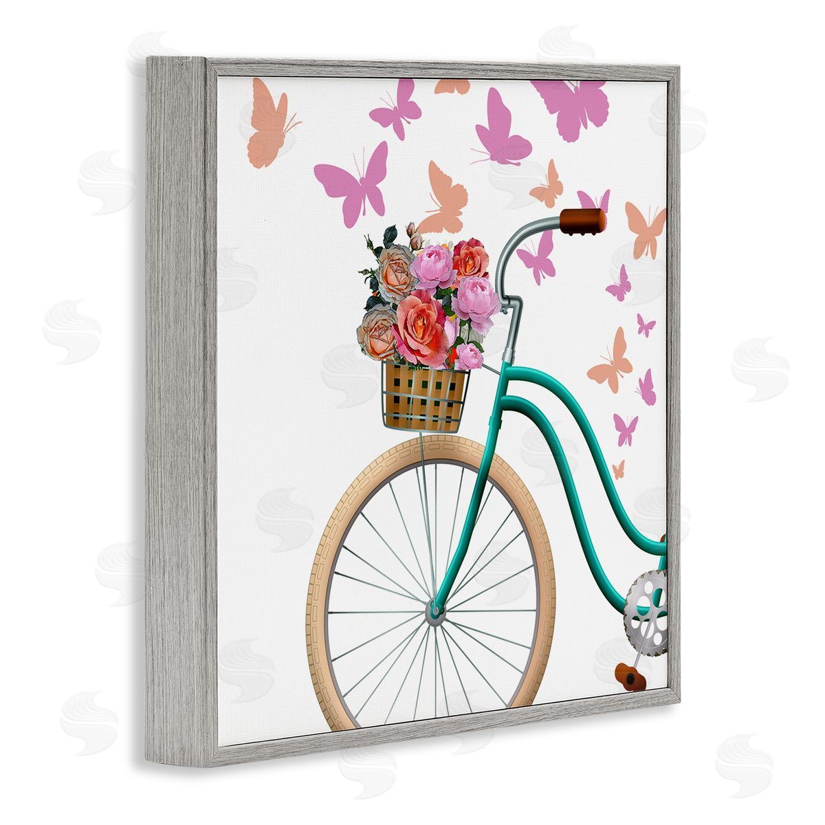 Kim Allen Summer Bicycle Flower Basket Pink Fluttering Butterflies  Gray Framed Glicee Wall Art Print