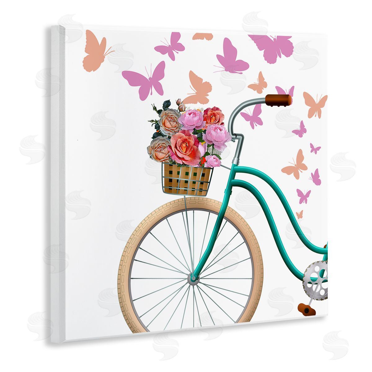 Kim Allen Summer Bicycle Flower Basket Pink Fluttering Butterflies  Wooden Wall Plaque Art Print
