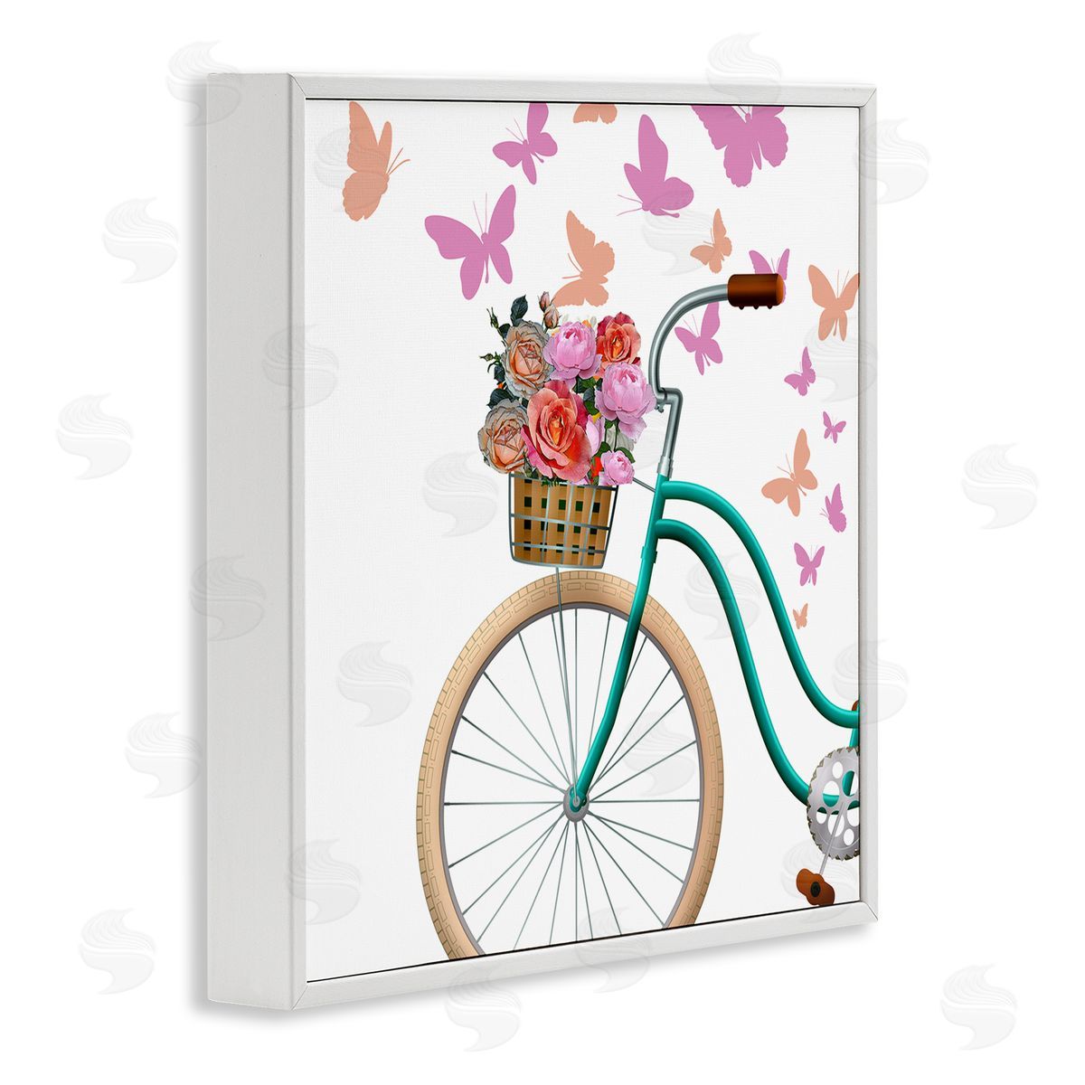 Kim Allen Summer Bicycle Flower Basket Pink Fluttering Butterflies  White Framed Glicee Wall Art Print