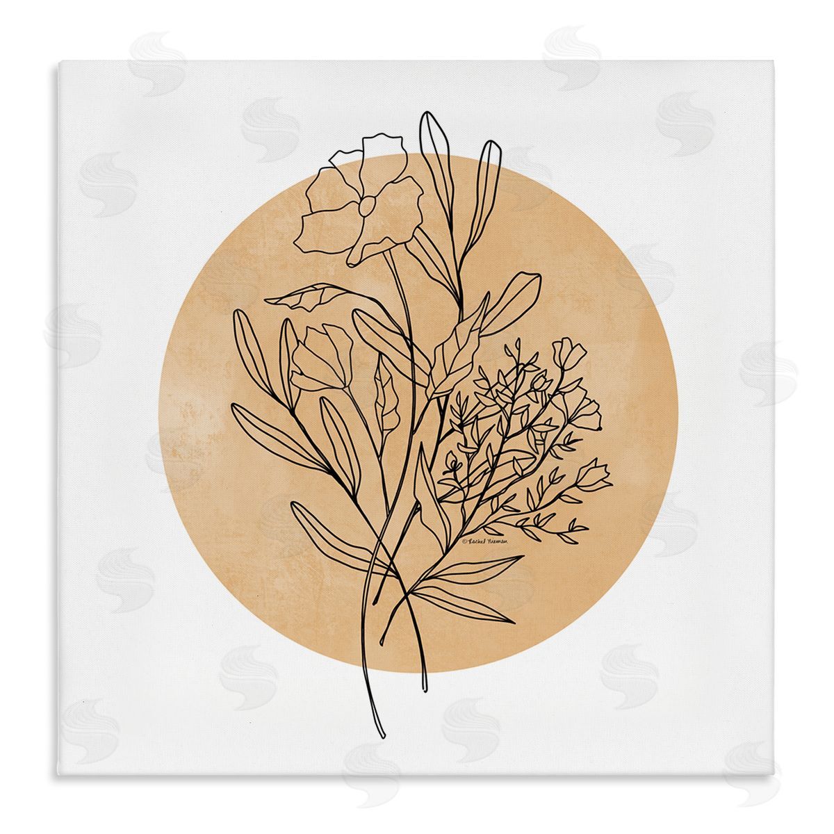 Rachel Nieman Minimal Flower Sprigs Lines Round Ochre Shape Stretched Canvas Wall Art Print