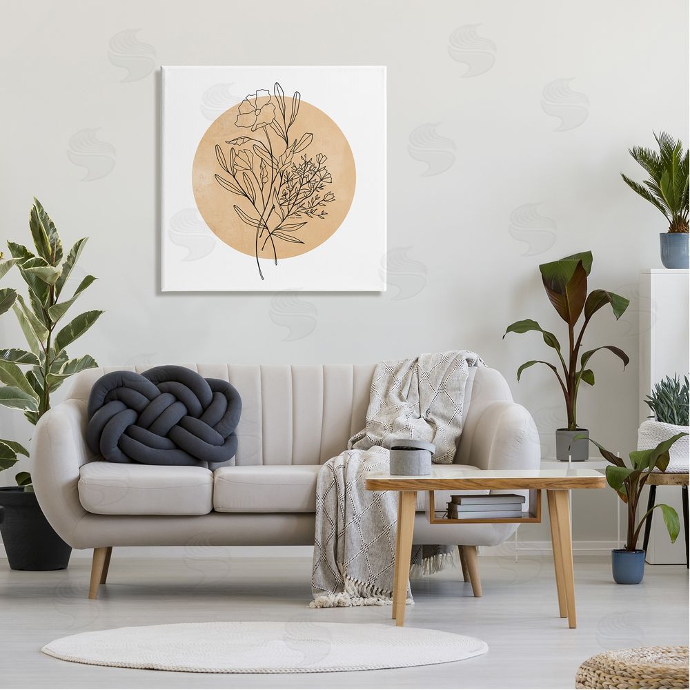Rachel Nieman Minimal Flower Sprigs Lines Round Ochre Shape Canvas Wall Art in Room