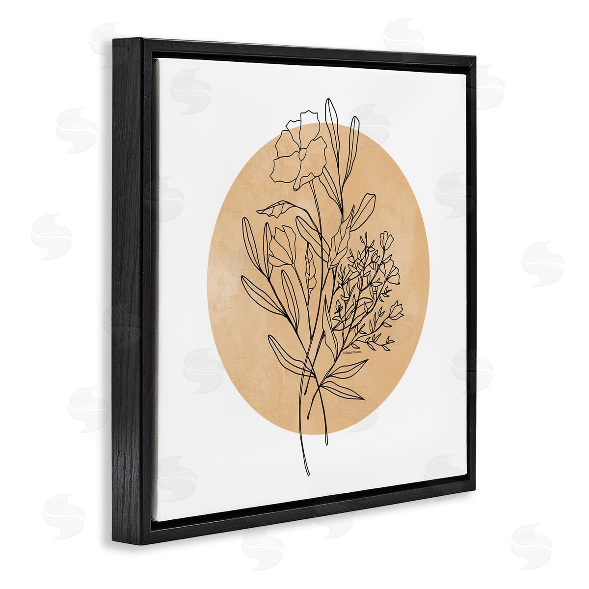 Rachel Nieman Minimal Flower Sprigs Lines Round Ochre Shape Black Floating Frame Canvas Wall Art Print