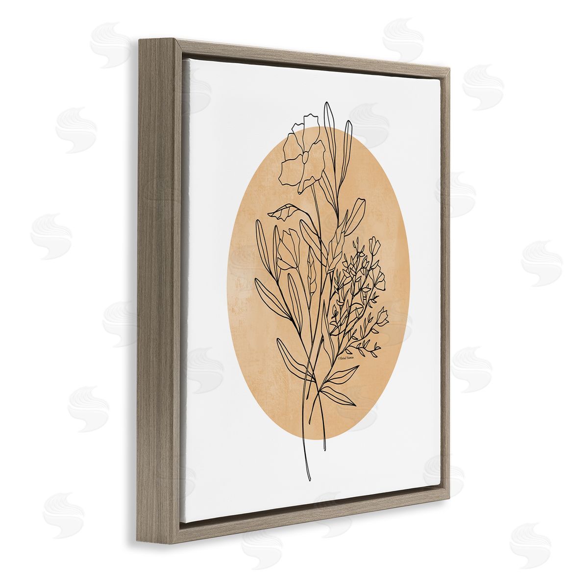 Rachel Nieman Minimal Flower Sprigs Lines Round Ochre Shape Brown Floating Frame Canvas Wall Art Print
