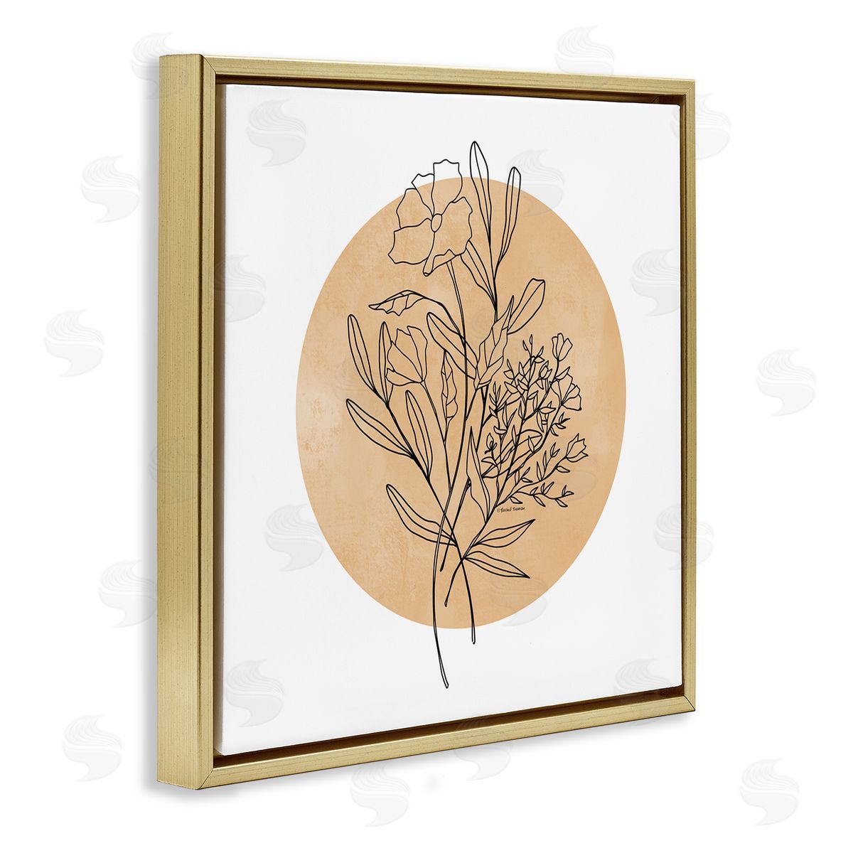Rachel Nieman Minimal Flower Sprigs Lines Round Ochre Shape Gold Floating Frame Canvas Wall Art Print