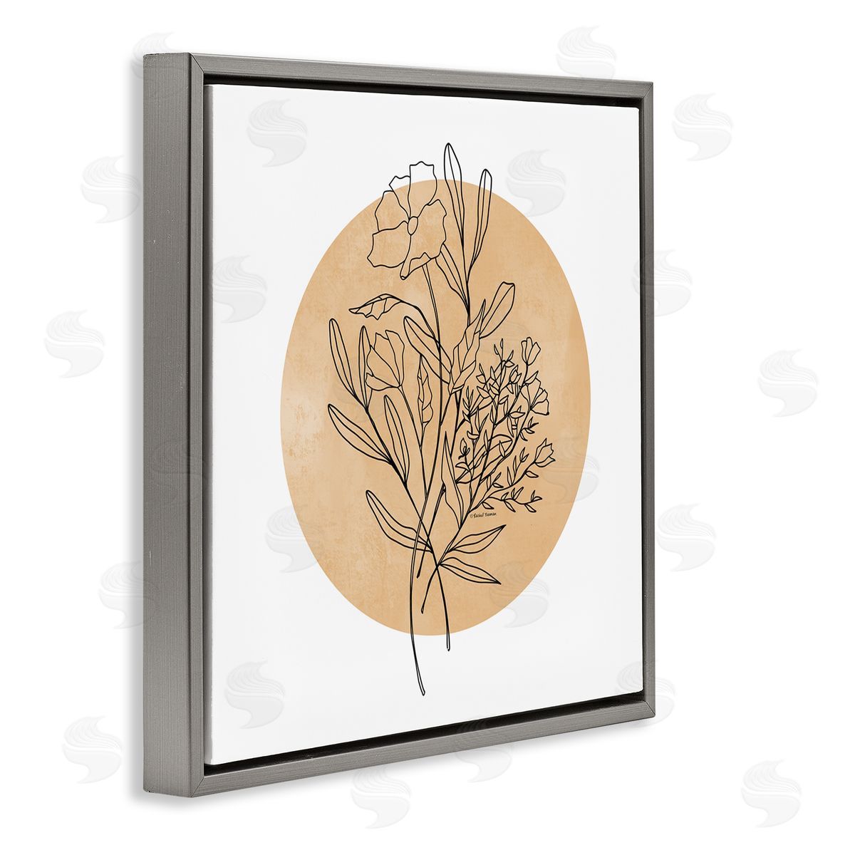 Rachel Nieman Minimal Flower Sprigs Lines Round Ochre Shape Gray Floating Frame Canvas Wall Art Print