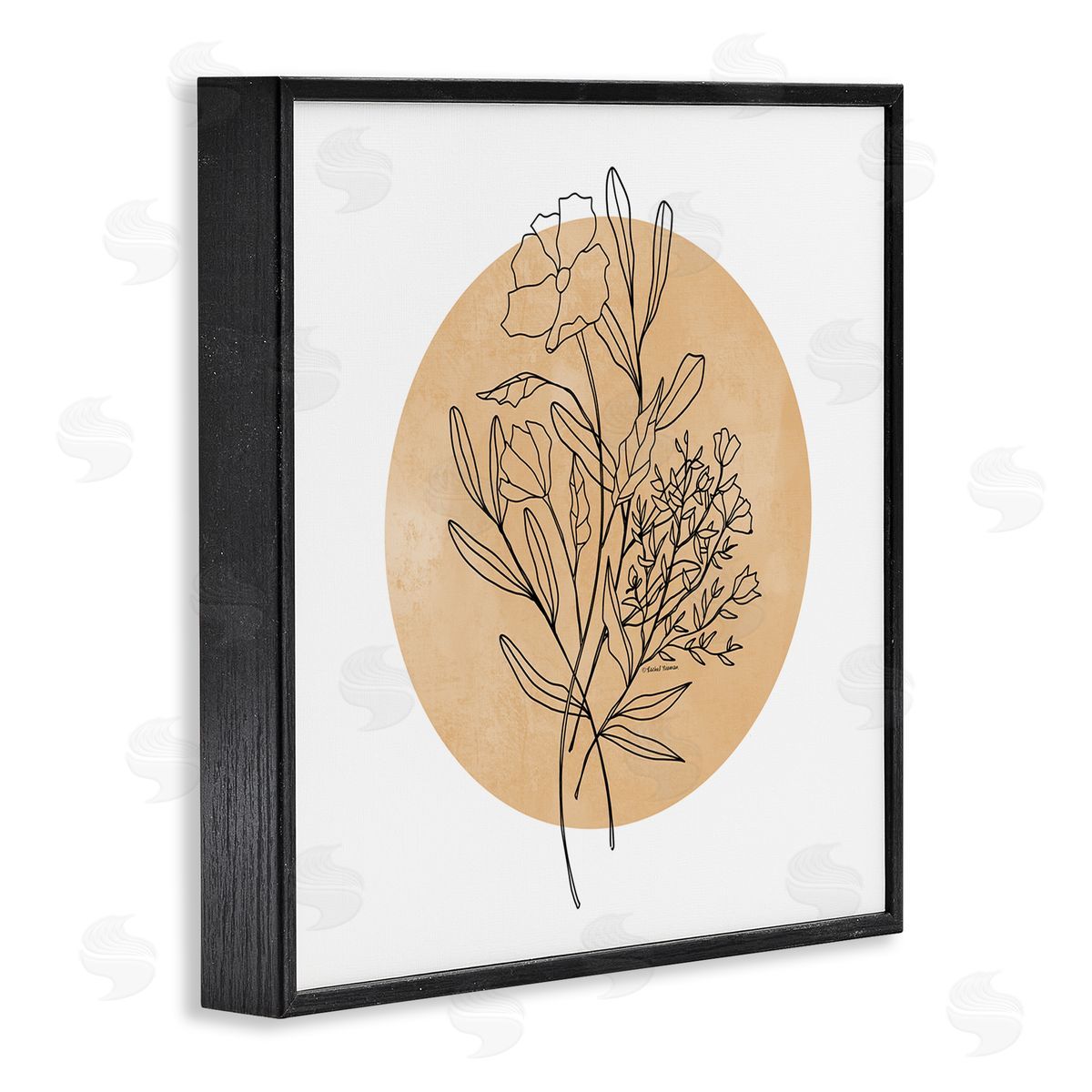 Rachel Nieman Minimal Flower Sprigs Lines Round Ochre Shape Black Framed Glicee Wall Art Print