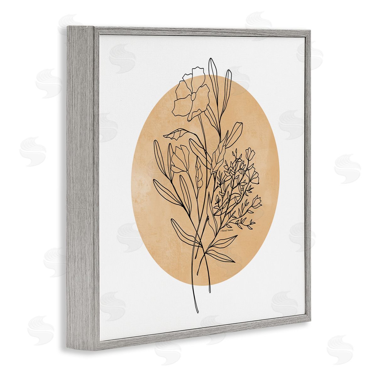 Rachel Nieman Minimal Flower Sprigs Lines Round Ochre Shape Gray Framed Glicee Wall Art Print