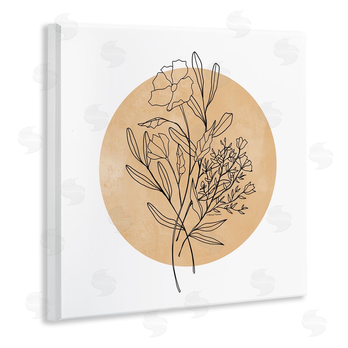 Rachel Nieman Minimal Flower Sprigs Lines Round Ochre Shape Wooden Wall Plaque Art Print