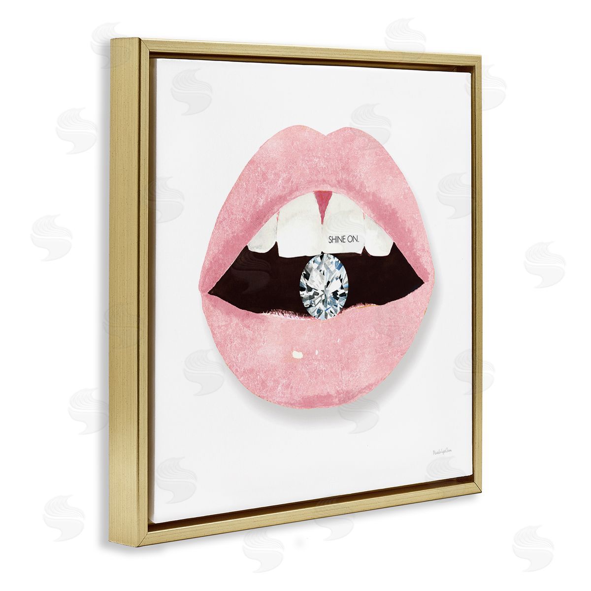 Mercedes Lopez Charro Shine On Glam Lips Biting Shimmering Diamond  Gold Floating Frame Canvas Wall Art Print