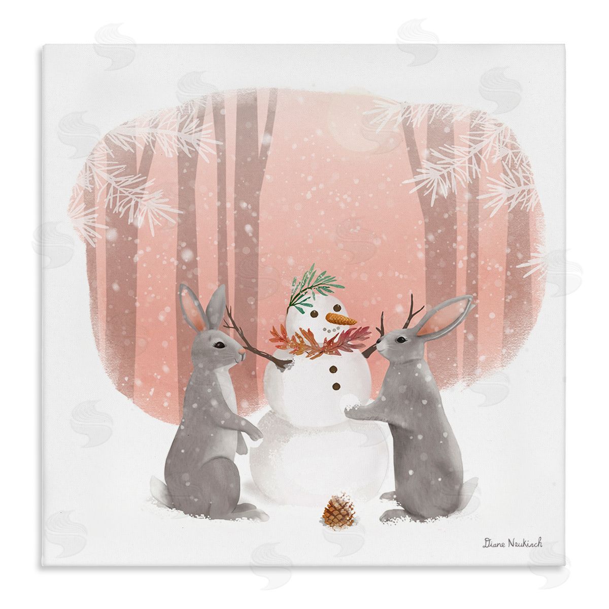 Diane Neukirch Winter Rabbits Building Snowman Snowy Forest Scene Stretched Canvas Wall Art Print