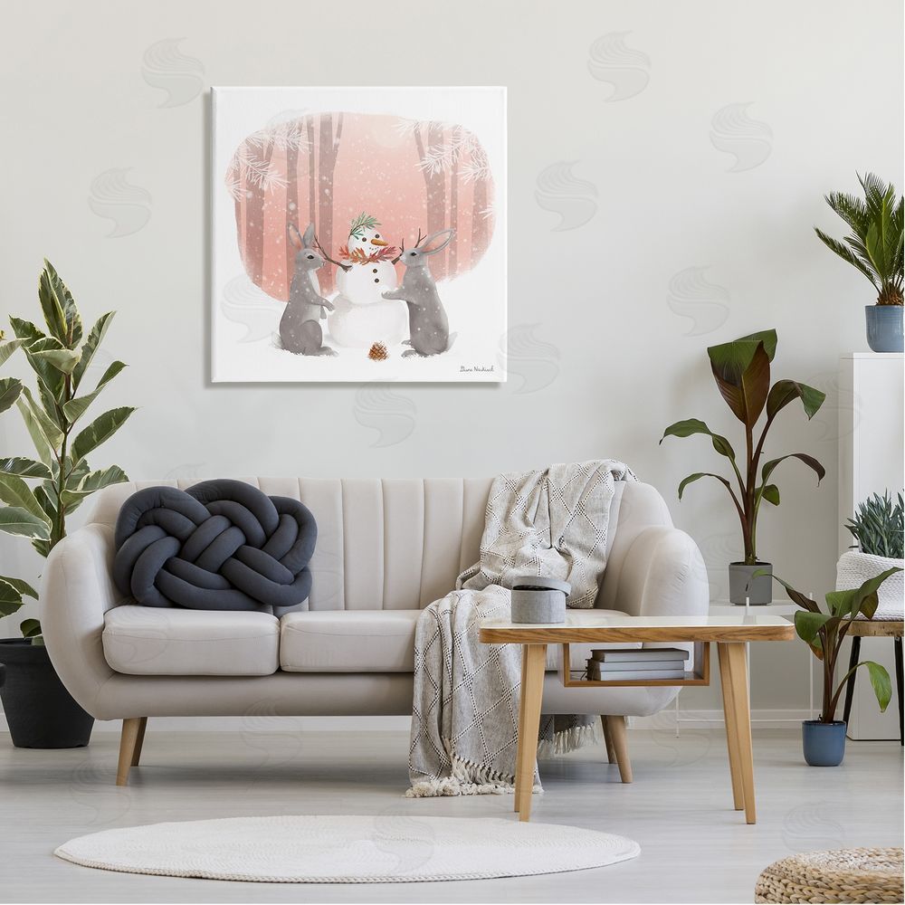 Diane Neukirch Winter Rabbits Building Snowman Snowy Forest Scene Canvas Wall Art in Room