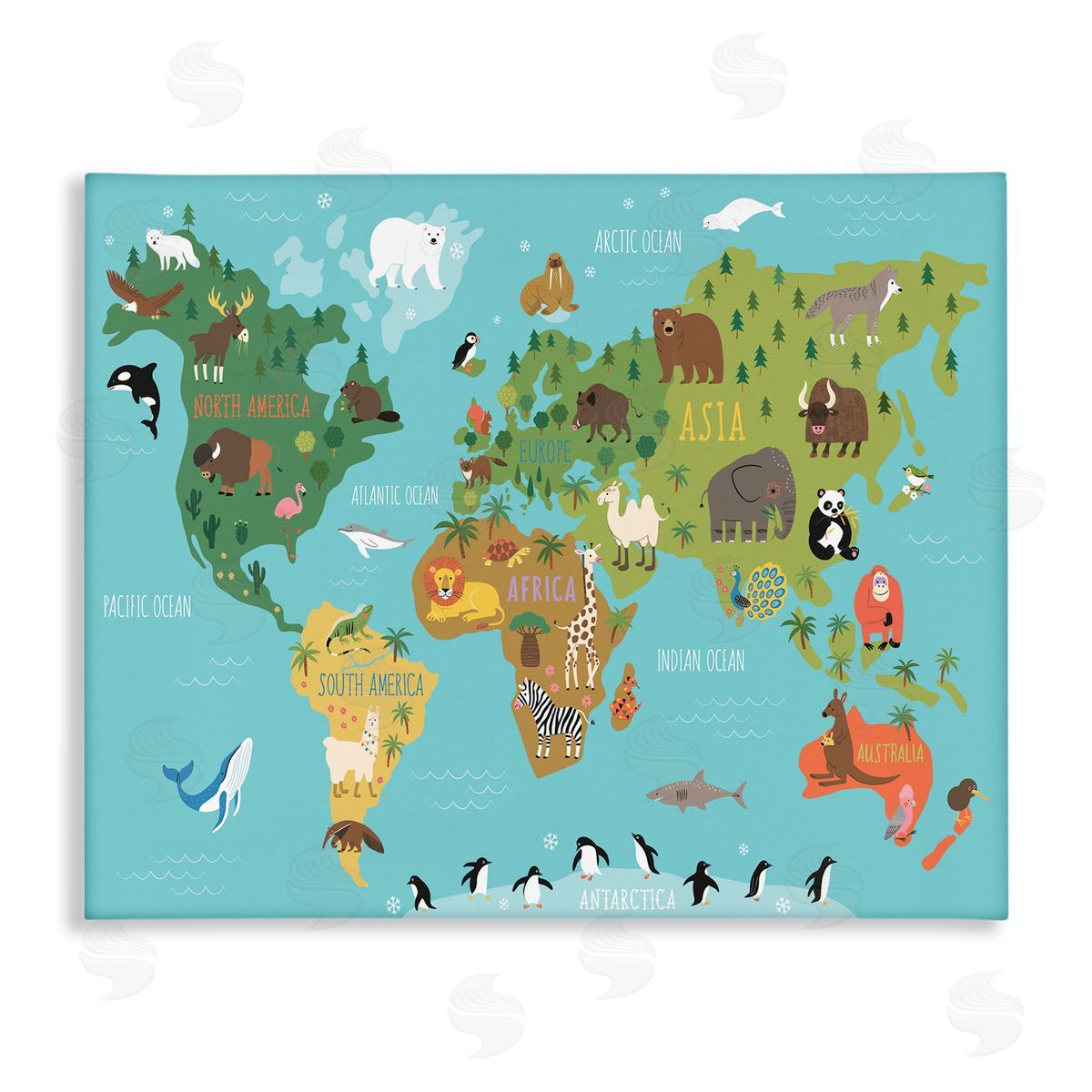 Abi Hall Country Animals World Map Continents Wildlife Diagram Stretched Canvas Wall Art Print