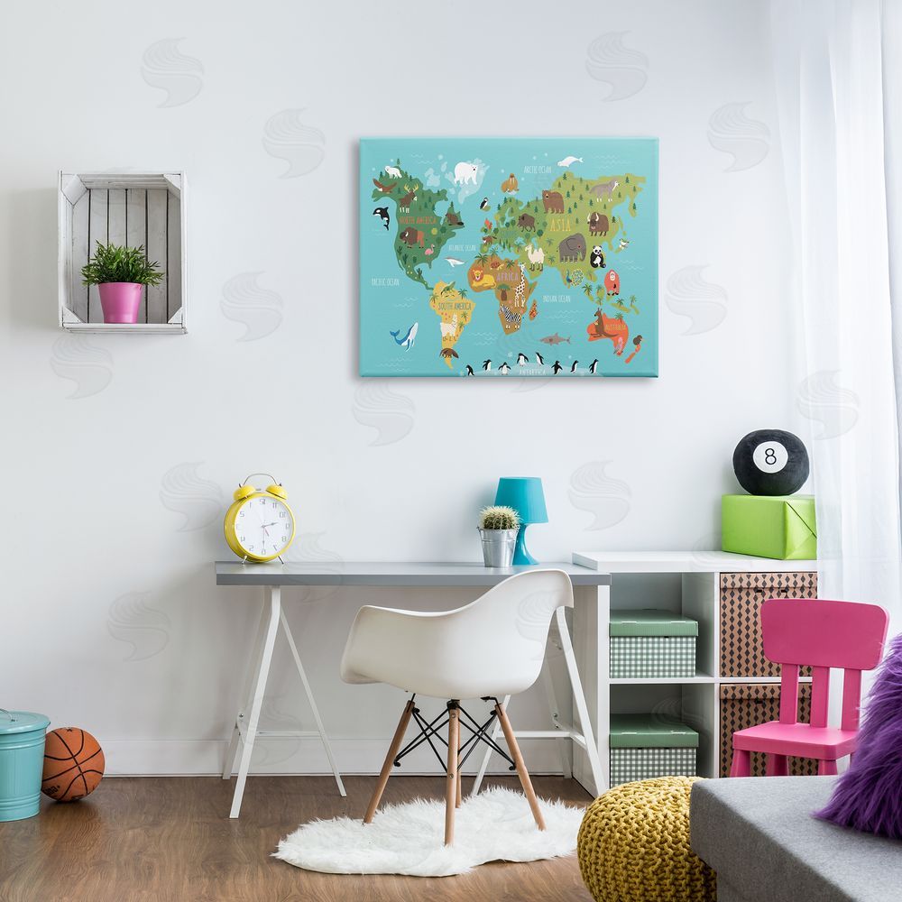 Abi Hall Country Animals World Map Continents Wildlife Diagram Canvas Wall Art Print in Room