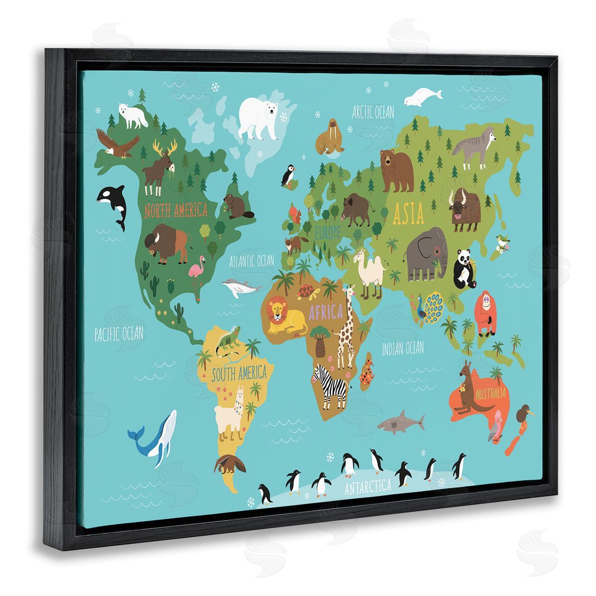 Abi Hall Country Animals World Map Continents Wildlife Diagram Black Floating Frame Canvas Wall Art Print