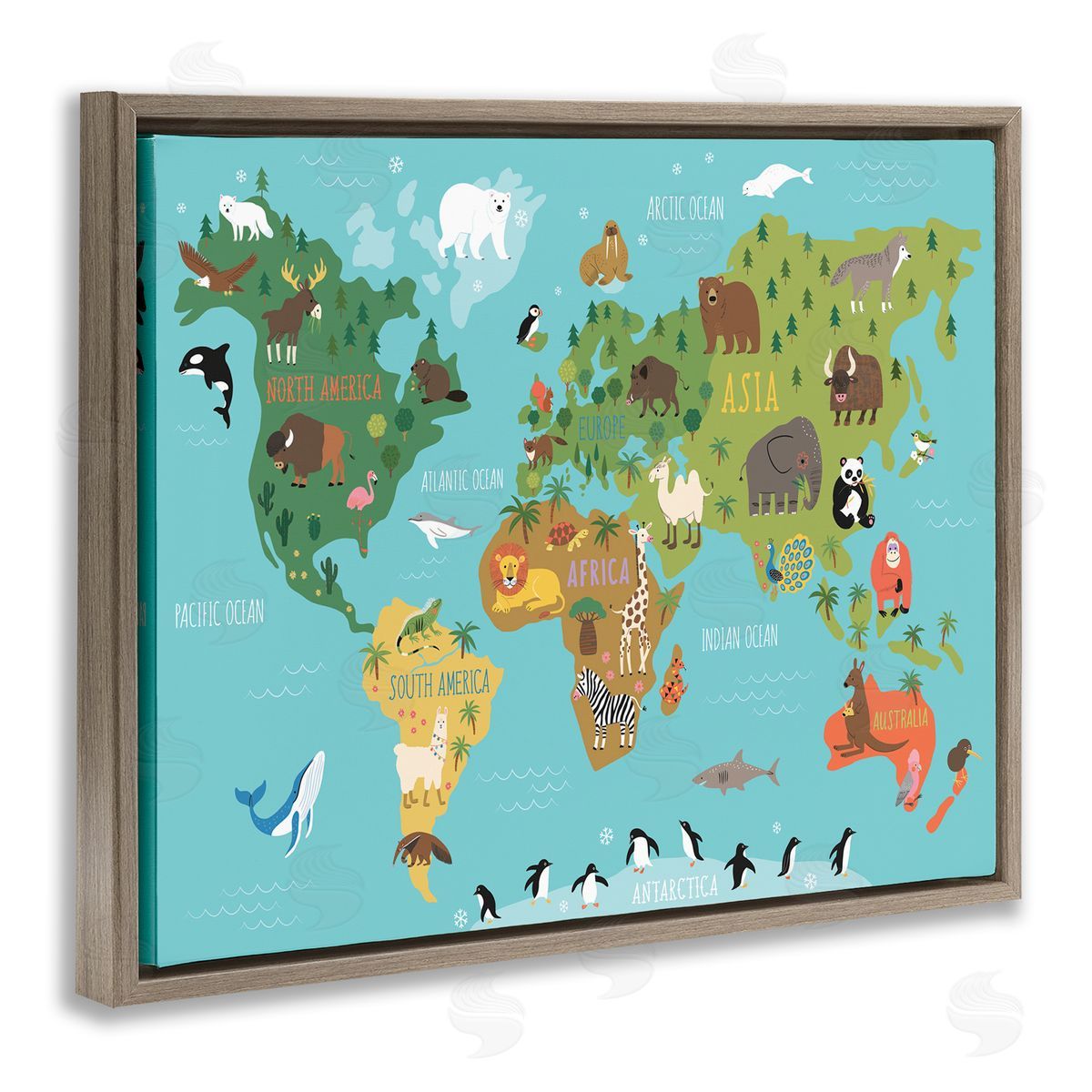 Abi Hall Country Animals World Map Continents Wildlife Diagram Brown Floating Frame Canvas Wall Art Print