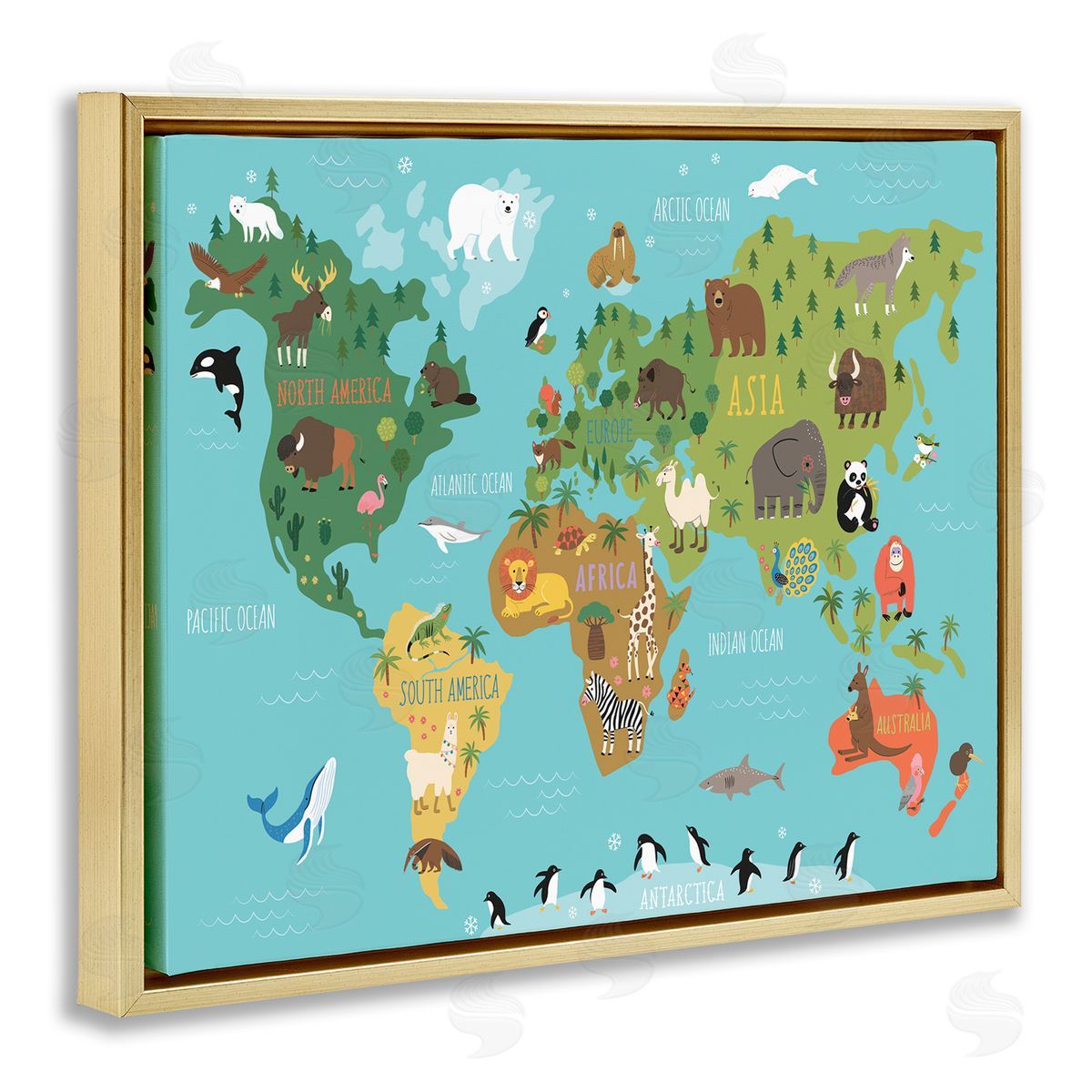 Abi Hall Country Animals World Map Continents Wildlife Diagram Gold Floating Frame Canvas Wall Art Print