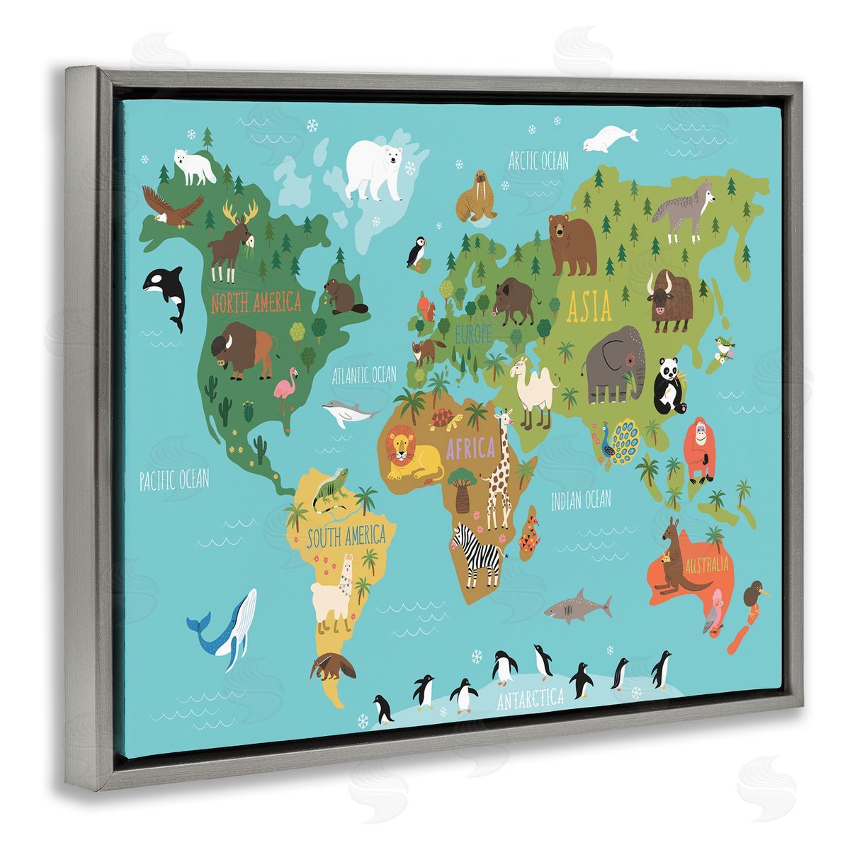 Abi Hall Country Animals World Map Continents Wildlife Diagram Gray Floating Frame Canvas Wall Art Print
