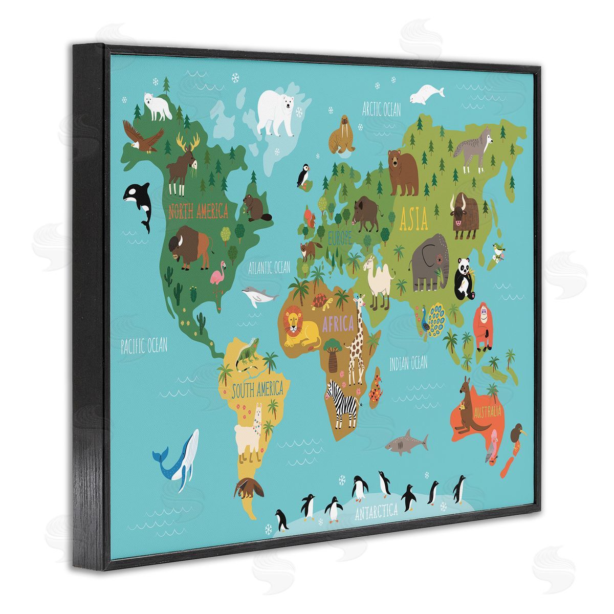 Abi Hall Country Animals World Map Continents Wildlife Diagram Black Framed Giclee Wall Art Print