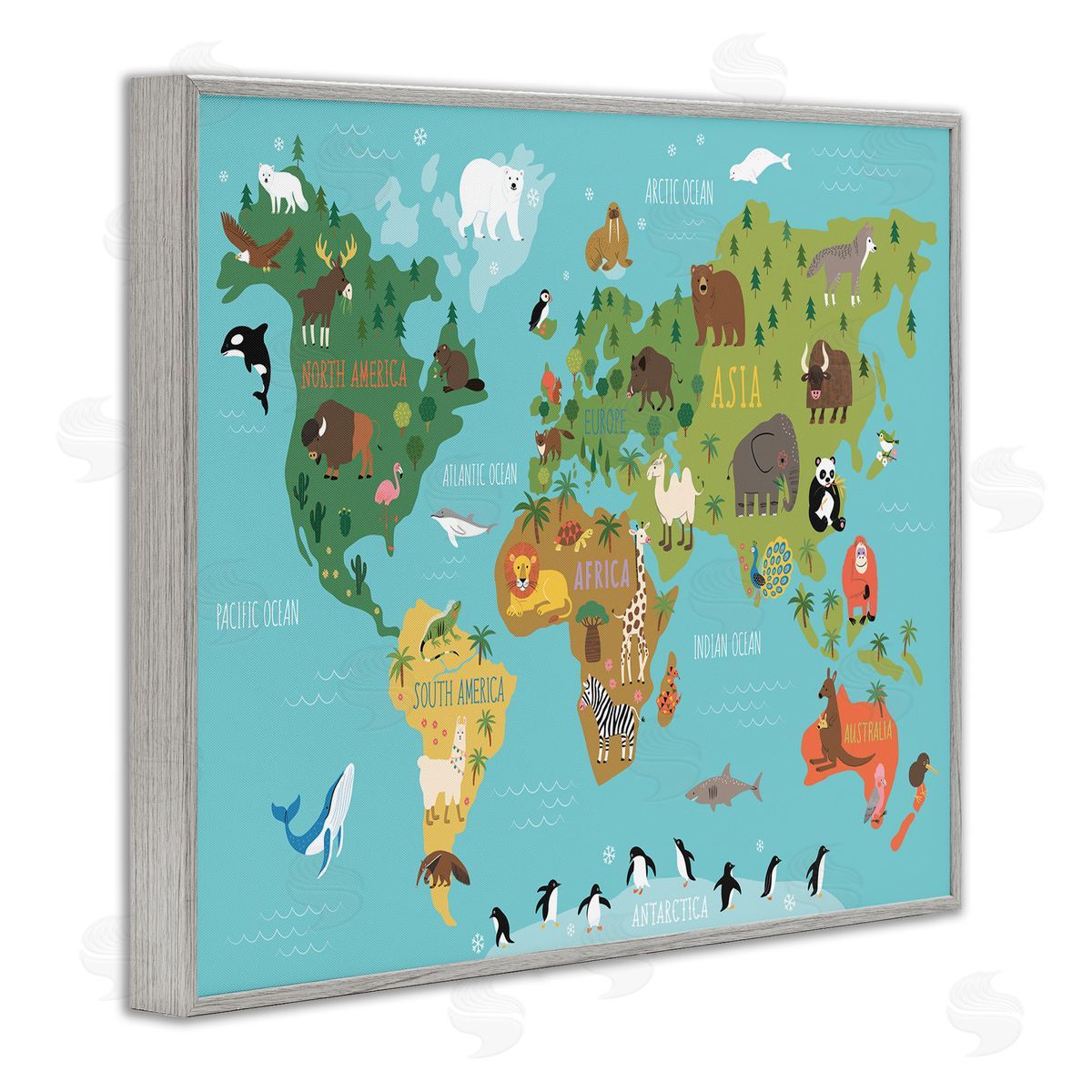 Abi Hall Country Animals World Map Continents Wildlife Diagram Gray Framed Giclee Wall Art Print