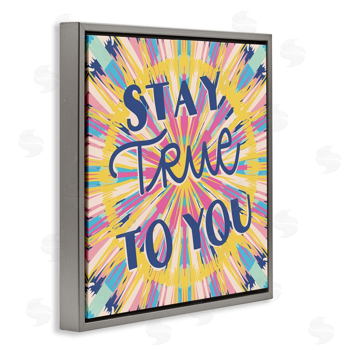 Caroline Alfreds Stay True To You Bold Motivational Tie Dye Pattern  Gray Floating Frame Canvas Wall Art Print