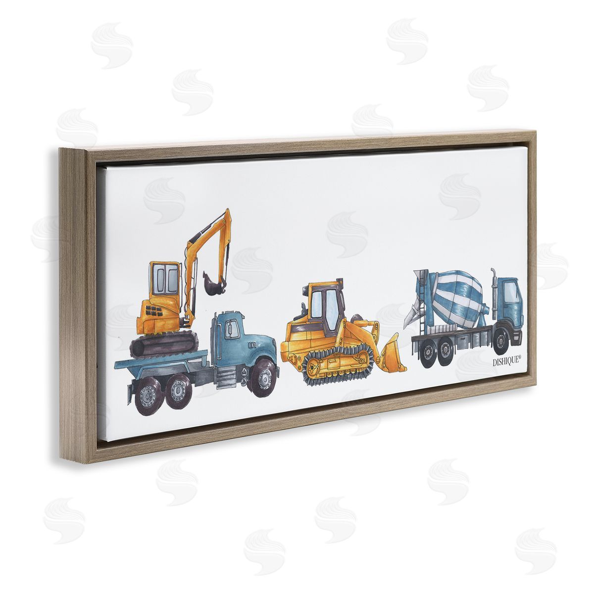 Construction Vehicles Driving Illustration Brown Floating Frame Canvas Wall Art, Home Decor by Dishique