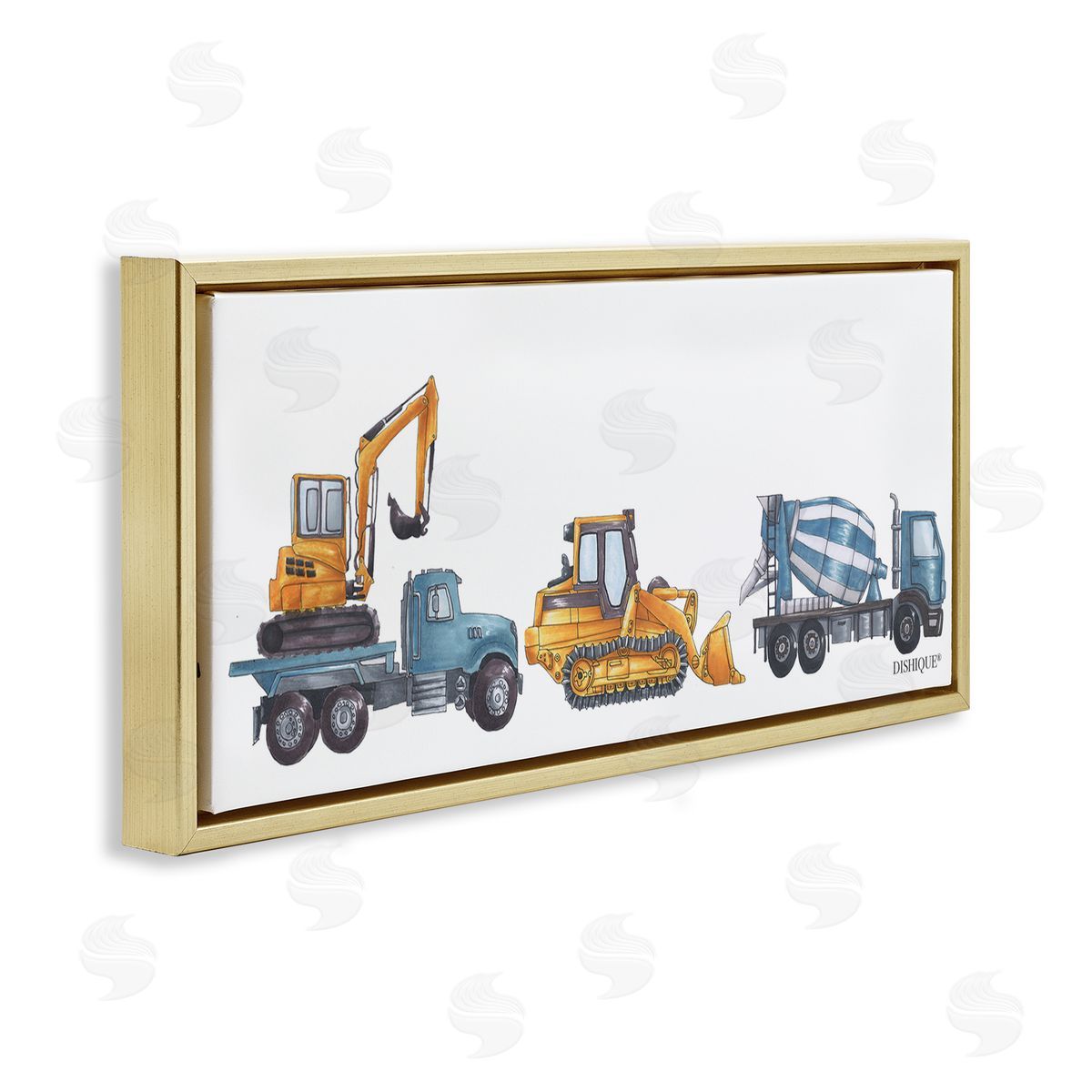 Construction Vehicles Driving Illustration Gold Floating Frame Canvas Wall Art, Home Decor by Dishique