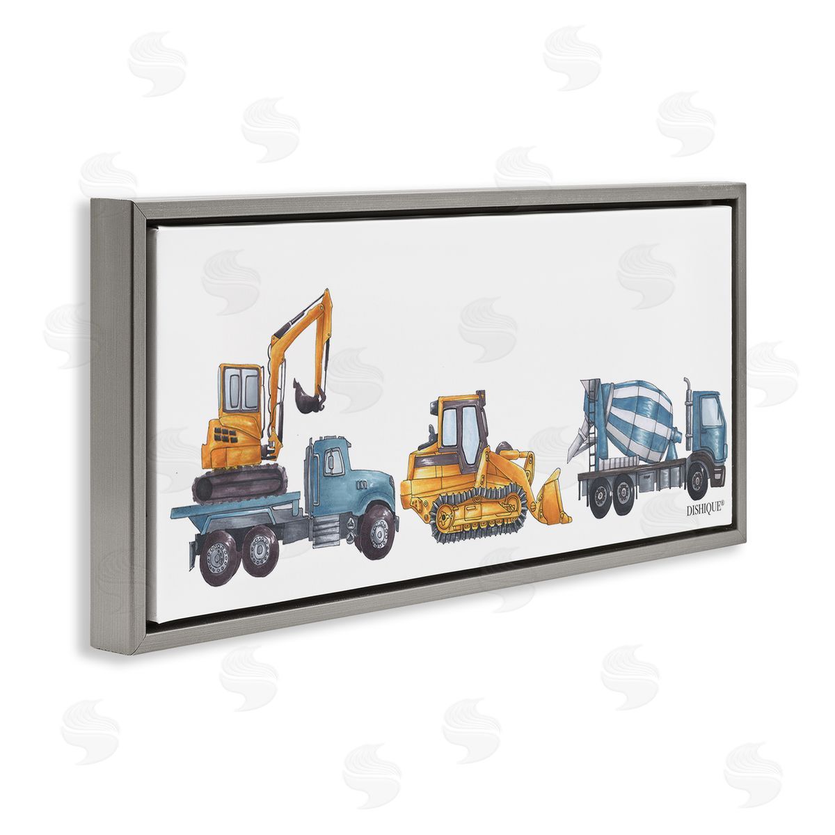 Construction Vehicles Driving Illustration Grey Floating Frame Canvas Wall Art, Home Decor by Dishique