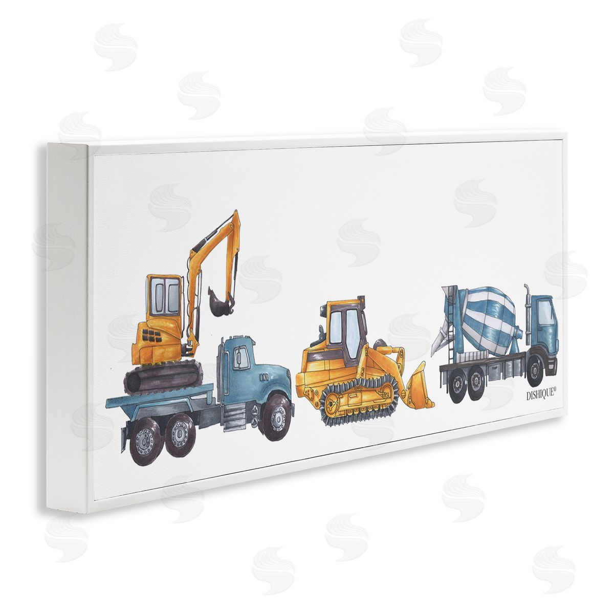 Construction Vehicles Driving Illustration White Frame Print Wall Art, Home Decor by Dishique